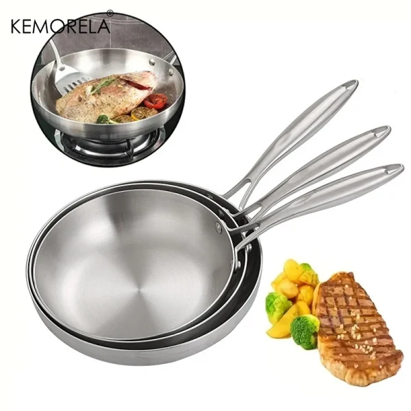 2/3PCS Frying Pan 22/24/26/28CM 304 Stainless Steel 2MM Thick Wok Pan 5 Ply Steel Food Grade Non-Stick Pans for Cooking Pot - Image 4