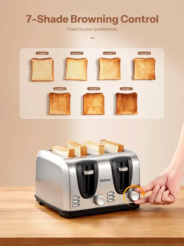 Yabano 4 Slice Toaster, Toaster with Extra Wide Slot and 7-Shade Settings, Defrost and Reheat Function - Image 2