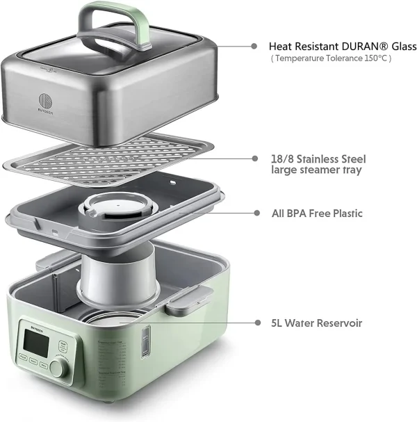 G563-A501 Electric Food Steamer for Cooking, 2 Tire Stainless Steel Steamer with Slow Cook Mode, 1500W, 10-Quart, Green - Image 6