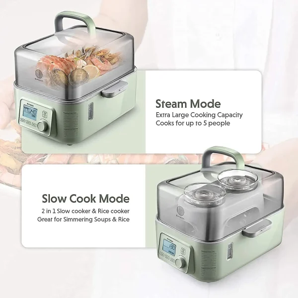 G563-A501 Electric Food Steamer for Cooking, 2 Tire Stainless Steel Steamer with Slow Cook Mode, 1500W, 10-Quart, Green - Image 5