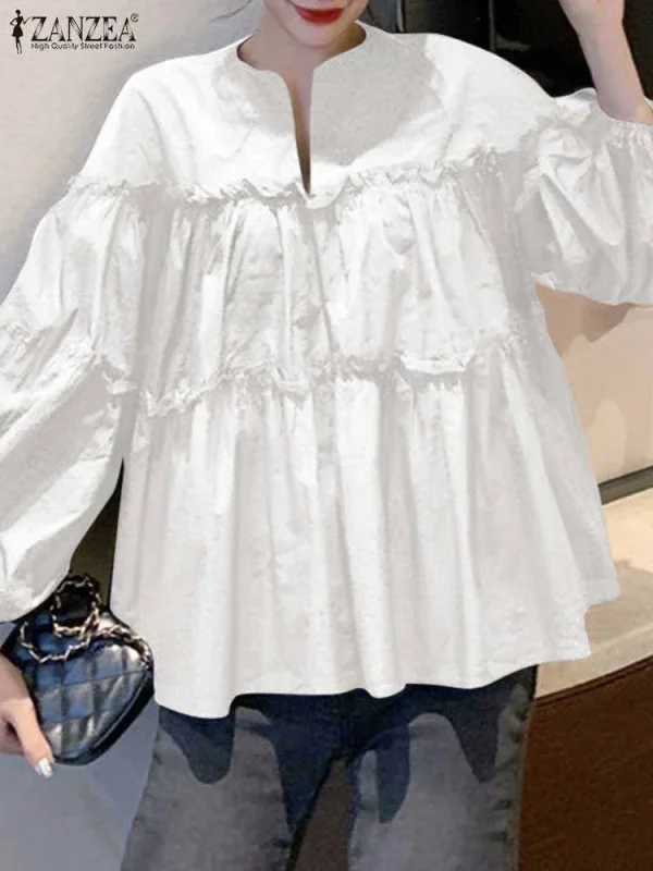 ZANZEA Fashion Women Long Puff Sleeve Blouse Autumn Spring Eelgant Shirt Ruffles Blusas Femininas Mujer Party Work Tops Tunic - Image 2