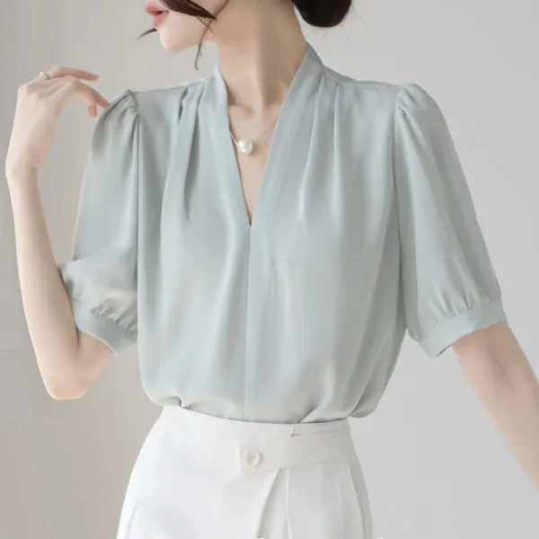 2025 Fashion Summer Short Sleeve V-Neck Women Blouse White Blouse Shirt Women Tops Blouses Shirts Blusas De Mujer Camisas P856