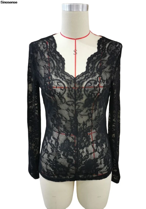 Women Long Sleeve Sheer Mesh Blouse Sexy See Through V Neck Floral Lace Shirt Y2K Daily Wear Street Dating Night Club Party Tops - Image 5