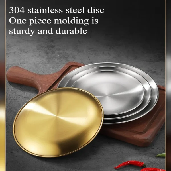 Gold Stainless Steels Round Plate Rust-Proof Shallow Tray Plate Camping Plate BBQ Picnic Dishes Cookware - Image 4