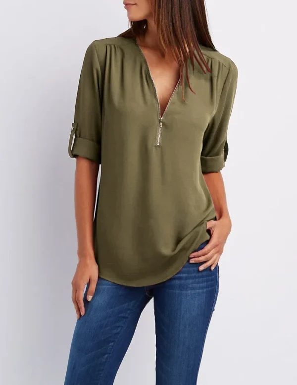 2025 Hot Sale Women Cool Loose Shirt Deep V Neck Chiffon Fashion Blouse Casual Ladies Tops Sexy Zipper Pullover Plus Size - Image 19