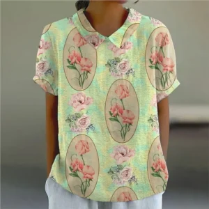 Summer Women Blouse Hawaii Cartoon Puppy Printed T-Shirts Fashion Lapel Short Sleeve Tees Tops Women Casual Pulovers Clothing