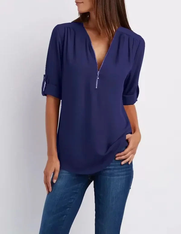 2025 Hot Sale Women Cool Loose Shirt Deep V Neck Chiffon Fashion Blouse Casual Ladies Tops Sexy Zipper Pullover Plus Size - Image 18