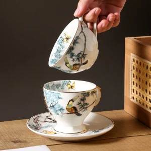 Flower and bird coffee cups and saucers, hand-painted ceramic mugs, household afternoon tea cups