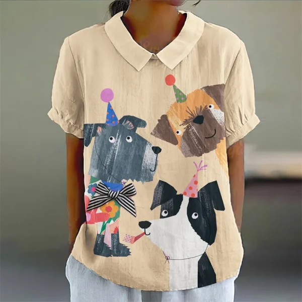 Summer Women Blouse Hawaii Cartoon Puppy Printed T-Shirts Fashion Lapel Short Sleeve Tees Tops Women Casual Pulovers Clothing - Image 3