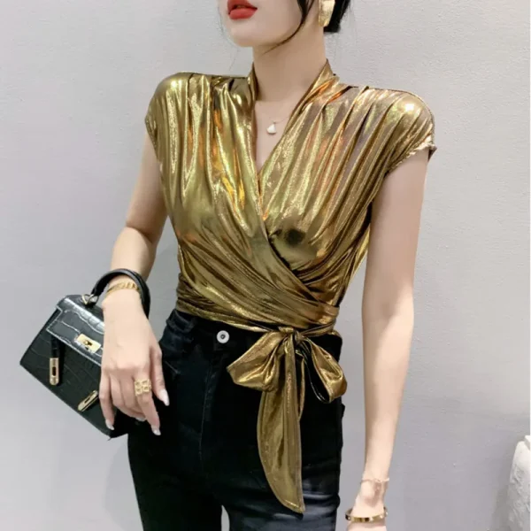 Street wear Gold Silver Green Shinny Short Sleeve Blouse Women Sexy Irregular Short Wrap Shirt Female Bandage Summer Tops - Image 2