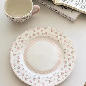 Pink Plaid Floral Ceramic Plate with Lace Edge, Perfect for Western Restaurant Desserts and Salad