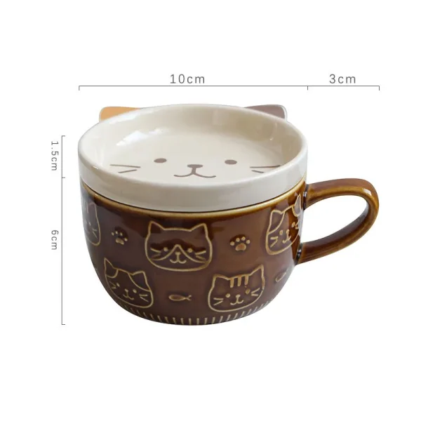 Japanese Cartoon Cat With Cover Coffee Cup Cute Breakfast Cup Creative Coffee Cup Milk Cup Couple Water Cup With Lid - Image 7