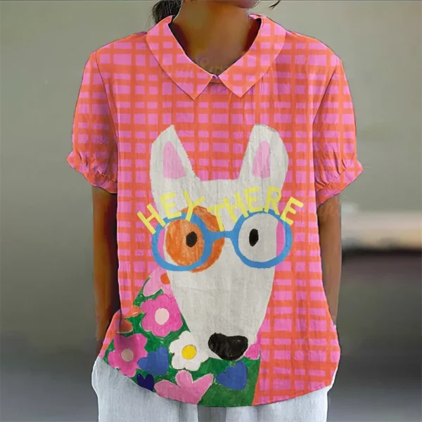 Summer Women Blouse Hawaii Cartoon Puppy Printed T-Shirts Fashion Lapel Short Sleeve Tees Tops Women Casual Pulovers Clothing - Image 4
