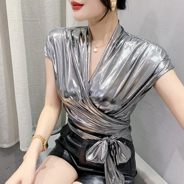 Street wear Gold Silver Green Shinny Short Sleeve Blouse Women Sexy Irregular Short Wrap Shirt Female Bandage Summer Tops - Image 3