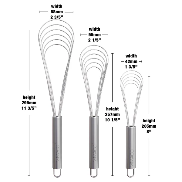 VIMACO® Flat Whisk Stainless Steel 8"10"12" Egg Utensils for Kitchen Baking Prepworks - Image 4