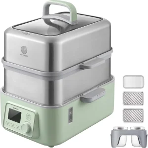 G563-A501 Electric Food Steamer for Cooking, 2 Tire Stainless Steel Steamer with Slow Cook Mode, 1500W, 10-Quart, Green
