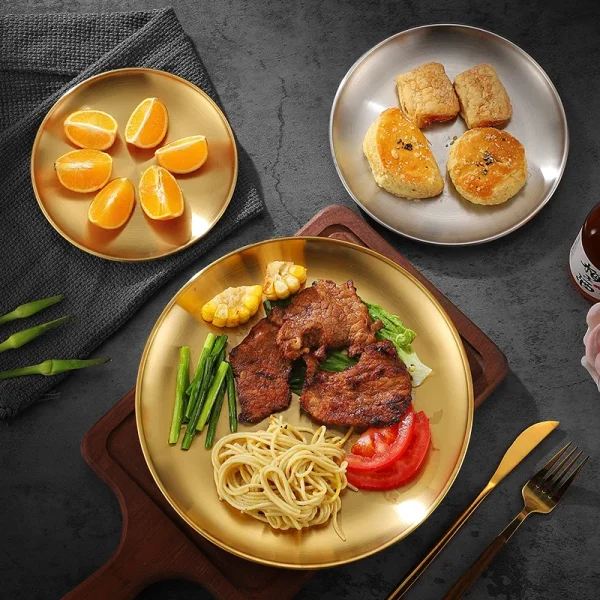 Gold Stainless Steels Round Plate Rust-Proof Shallow Tray Plate Camping Plate BBQ Picnic Dishes Cookware - Image 3