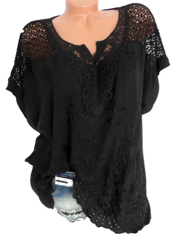 Large Size Loose Short-Sleeved Lace Women Blouses Cotton Blouses 2024 Summer V-neck White Shirt Tops Sexy Fashion Women Shirt - Image 5