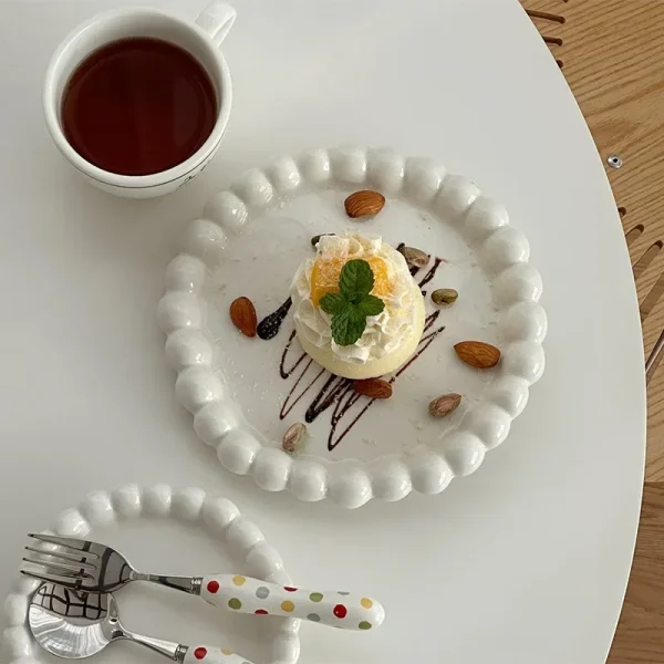 White/Yellow Beads Ceramic Plate Round Tableware Main Dish Western Food Decorative Plate Kitchen Utensils Cake Decorative Tray - Image 2