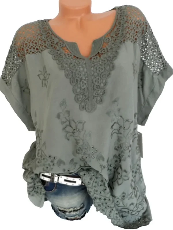 Large Size Loose Short-Sleeved Lace Women Blouses Cotton Blouses 2024 Summer V-neck White Shirt Tops Sexy Fashion Women Shirt - Image 3