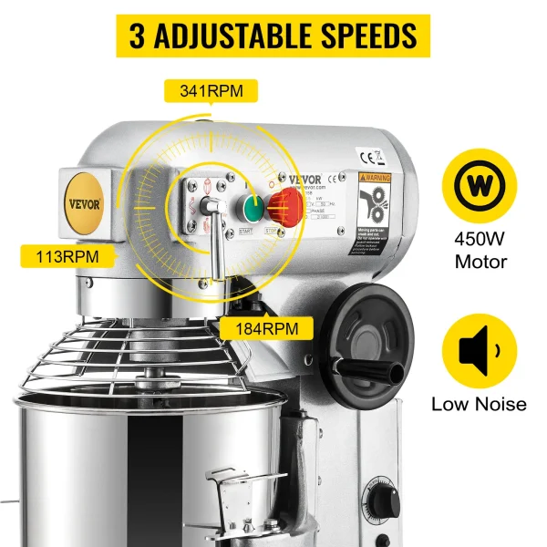 SucceBuy Commercial Electric Food Mixer Stand Mixer 10/15/20/30Qt Dough Mixer 3 Speeds 450/500/750/1100W Stainless Steel Mixer - Image 4
