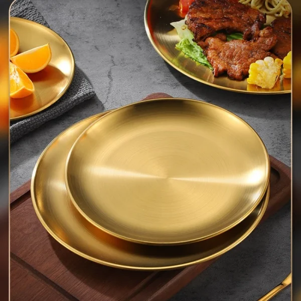 Gold Stainless Steels Round Plate Rust-Proof Shallow Tray Plate Camping Plate BBQ Picnic Dishes Cookware - Image 5