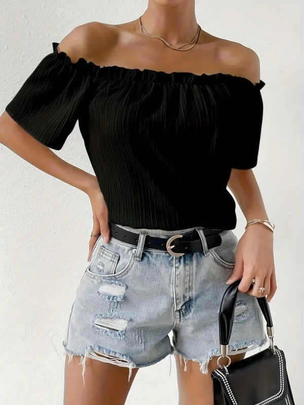 Summer Elegant Strapless Shirt for Women Casual Office Lady Solid Chiffon Blouses Fashion Off the Shouder Tops - Image 3