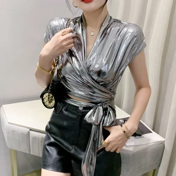 Street wear Gold Silver Green Shinny Short Sleeve Blouse Women Sexy Irregular Short Wrap Shirt Female Bandage Summer Tops - Image 4